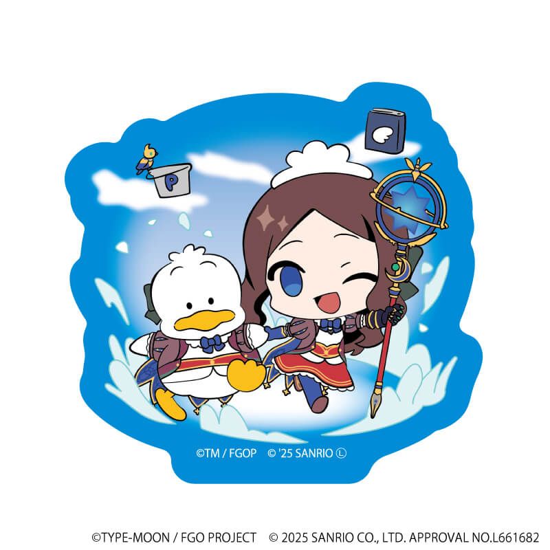 ダイカットスマホステッカー「Fate/Grand Order×サンリオキャラクターズ」20/ライダー／レオナルド・ダ・ヴィンチ×あひるのペックル(コラボイラスト)