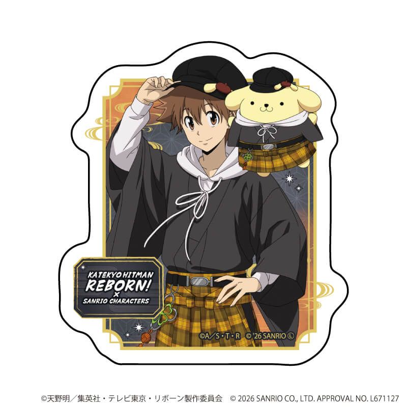 ダイカットスマホステッカー「家庭教師ヒットマンREBORN!×SANRIO CHARACTERS」23/沢田綱吉×ポムポムプリン(コラボイラスト)