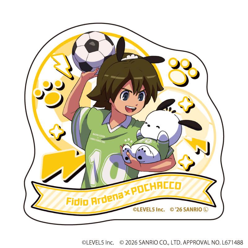 ダイカットステッカー「イナズマイレブン×サンリオキャラクターズ」10/フィディオ・アルデナ×ポチャッコ(コラボイラスト)