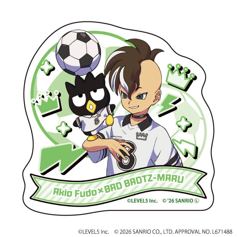 ダイカットステッカー「イナズマイレブン×サンリオキャラクターズ」08/不動明王×バッドばつ丸(コラボイラスト)