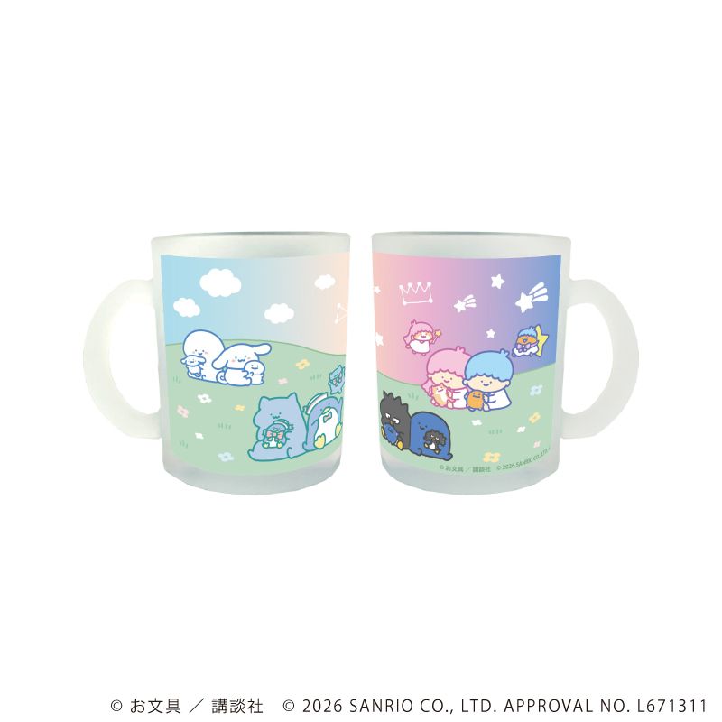 すりガラスマグカップ「お文具といっしょ×サンリオキャラクターズ」01/集合デザイン(コラボイラスト)